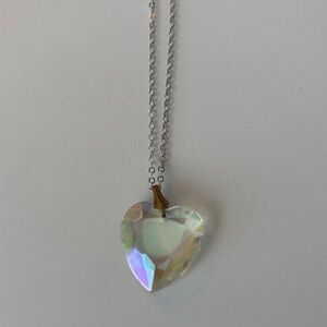 Elegant Vintage Silver Heart Pendant Necklace Aurora Borealis